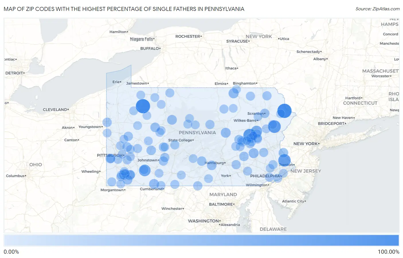 Zip Codes with the Highest Percentage of Single Fathers in Pennsylvania Map