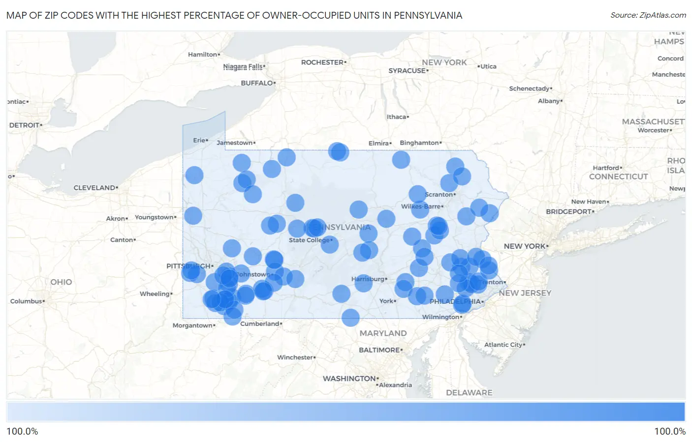 Zip Codes with the Highest Percentage of Owner-Occupied Units in Pennsylvania Map