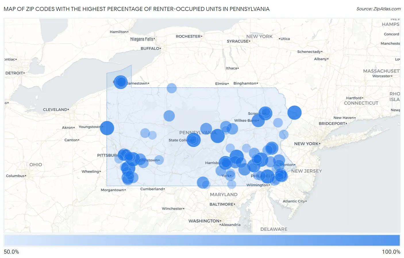 Zip Codes with the Highest Percentage of Renter-Occupied Units in Pennsylvania Map