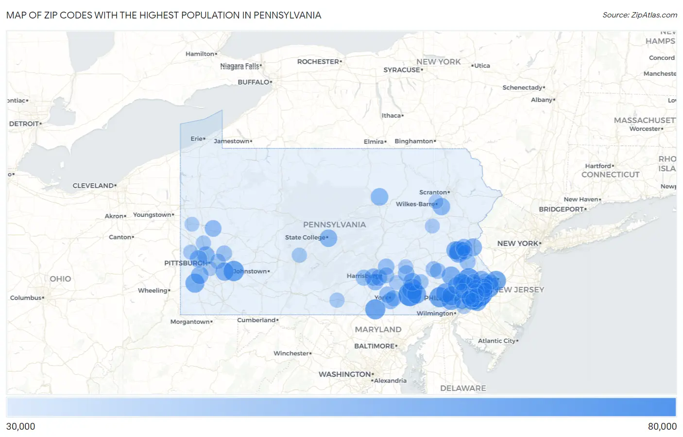 Zip Codes with the Highest Population in Pennsylvania Map
