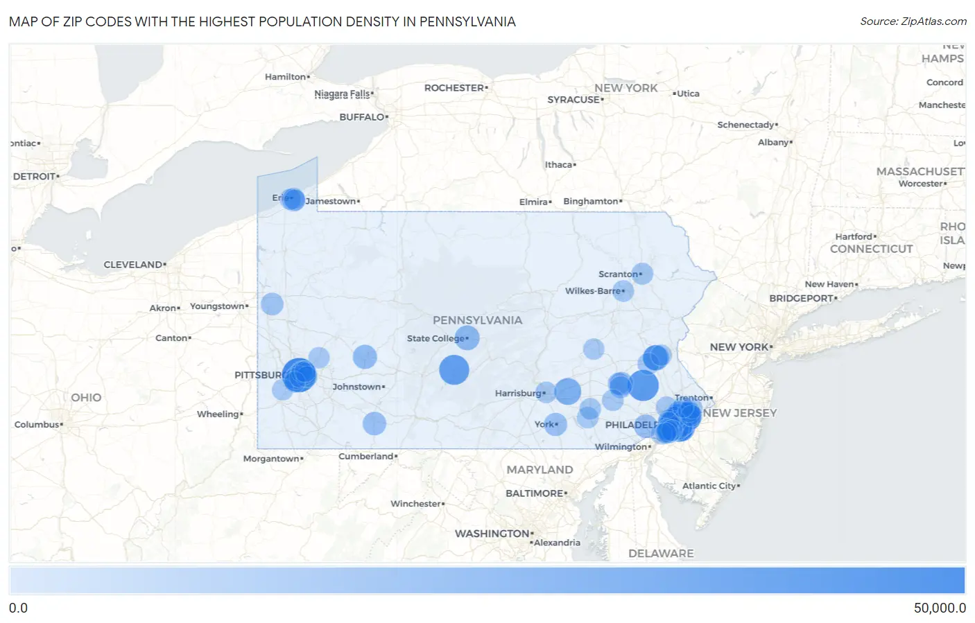 Zip Codes with the Highest Population Density in Pennsylvania Map