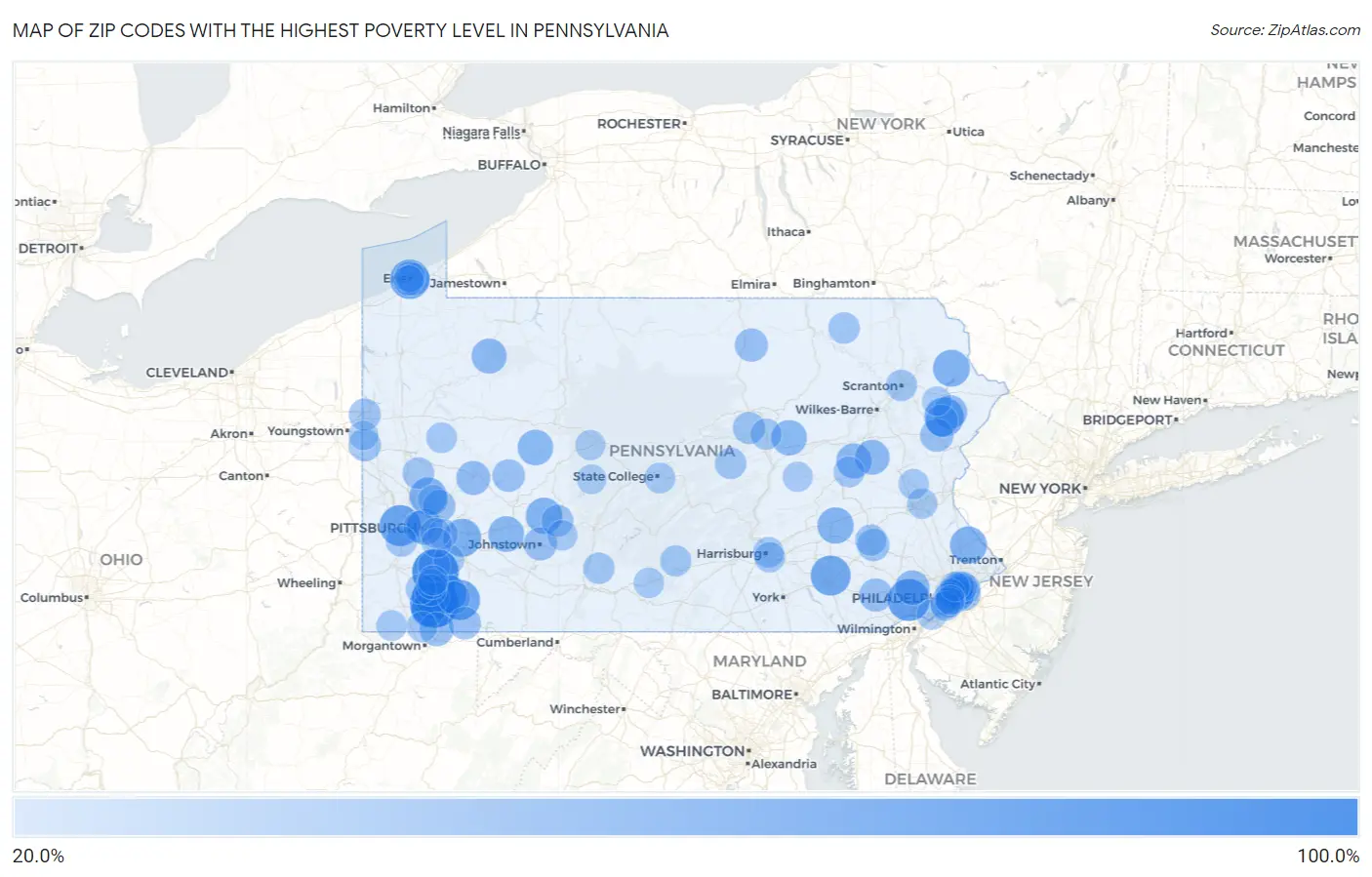Zip Codes with the Highest Poverty Level in Pennsylvania Map