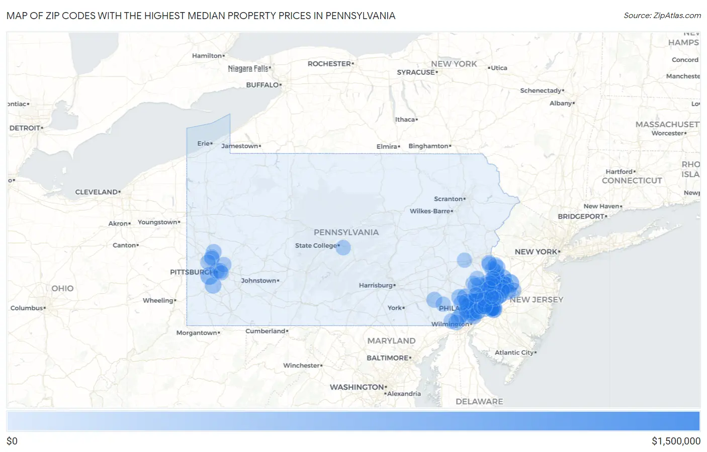 Zip Codes with the Highest Median Property Prices in Pennsylvania Map