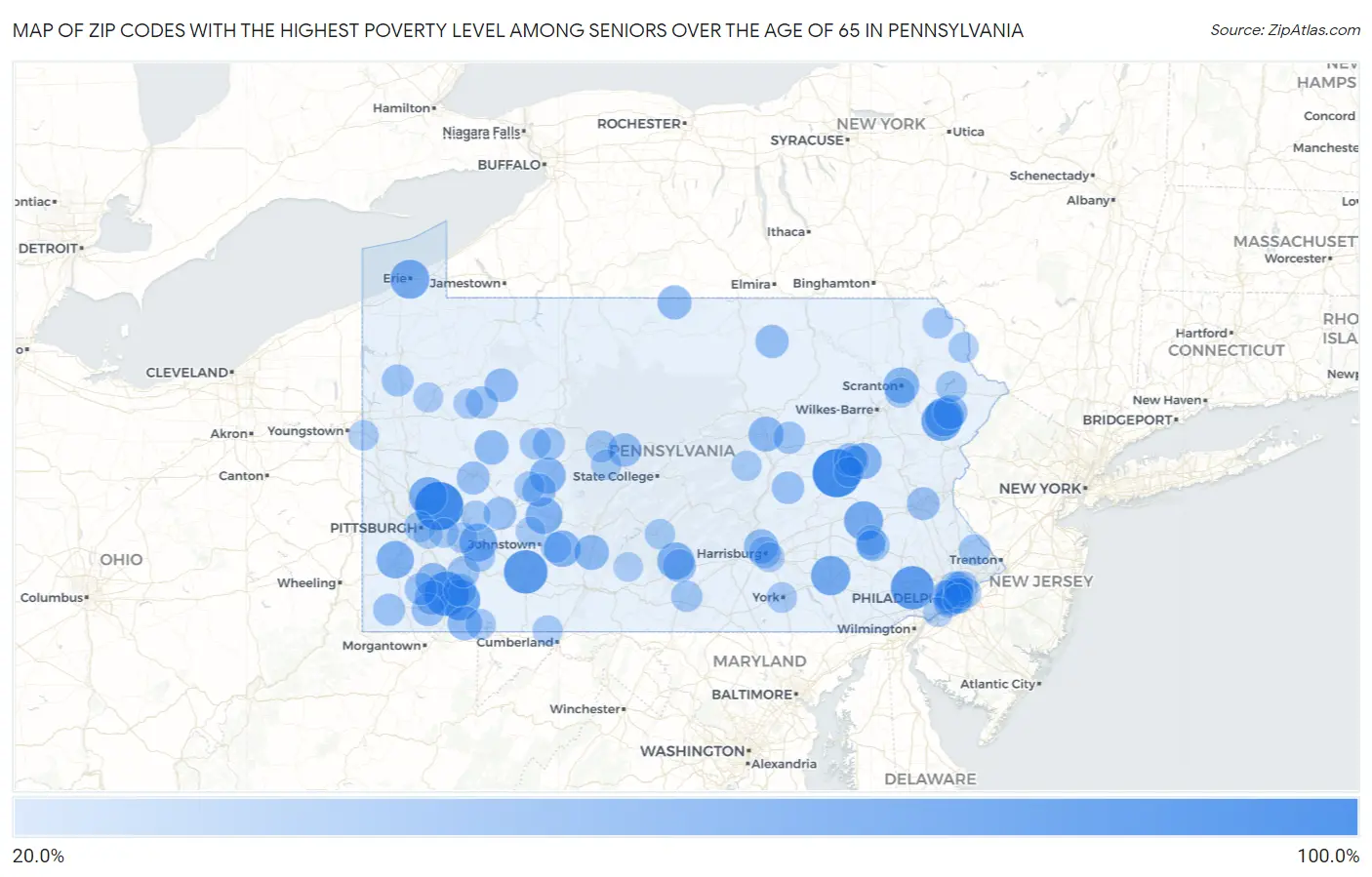 Zip Codes with the Highest Poverty Level Among Seniors Over the Age of 65 in Pennsylvania Map