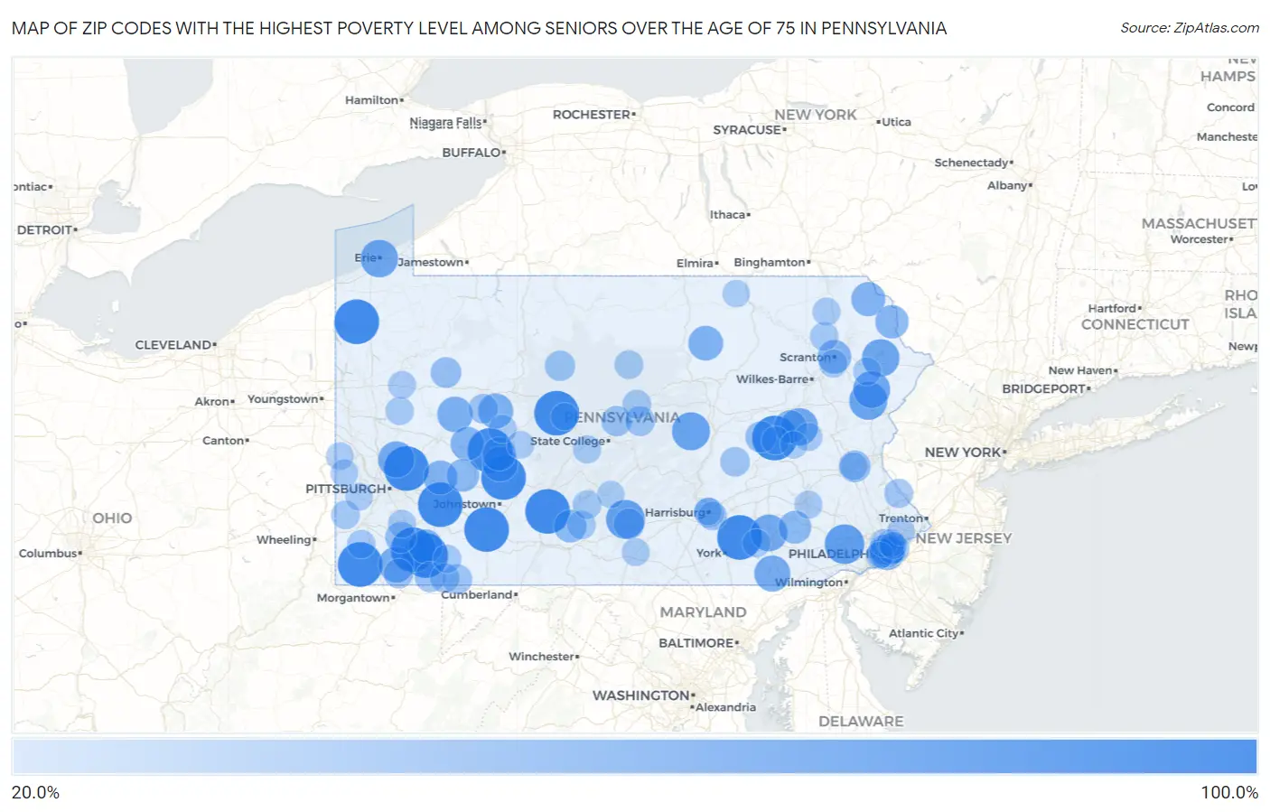 Zip Codes with the Highest Poverty Level Among Seniors Over the Age of 75 in Pennsylvania Map