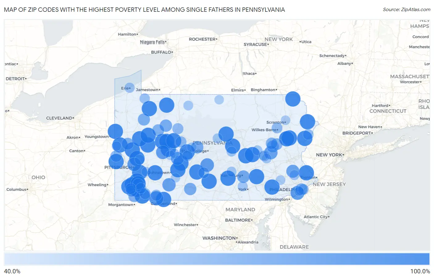 Zip Codes with the Highest Poverty Level Among Single Fathers in Pennsylvania Map