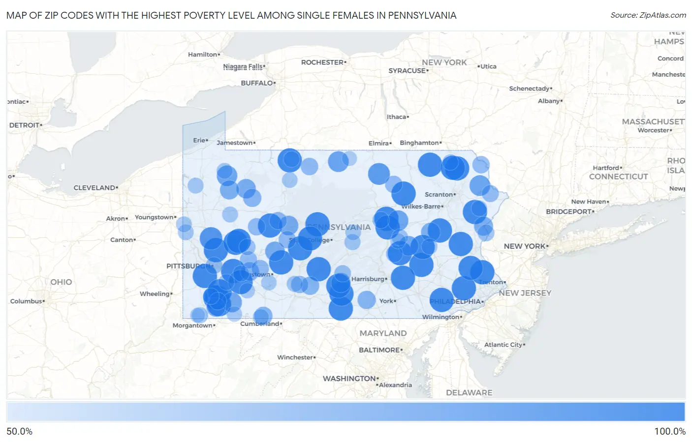 Zip Codes with the Highest Poverty Level Among Single Females in Pennsylvania Map