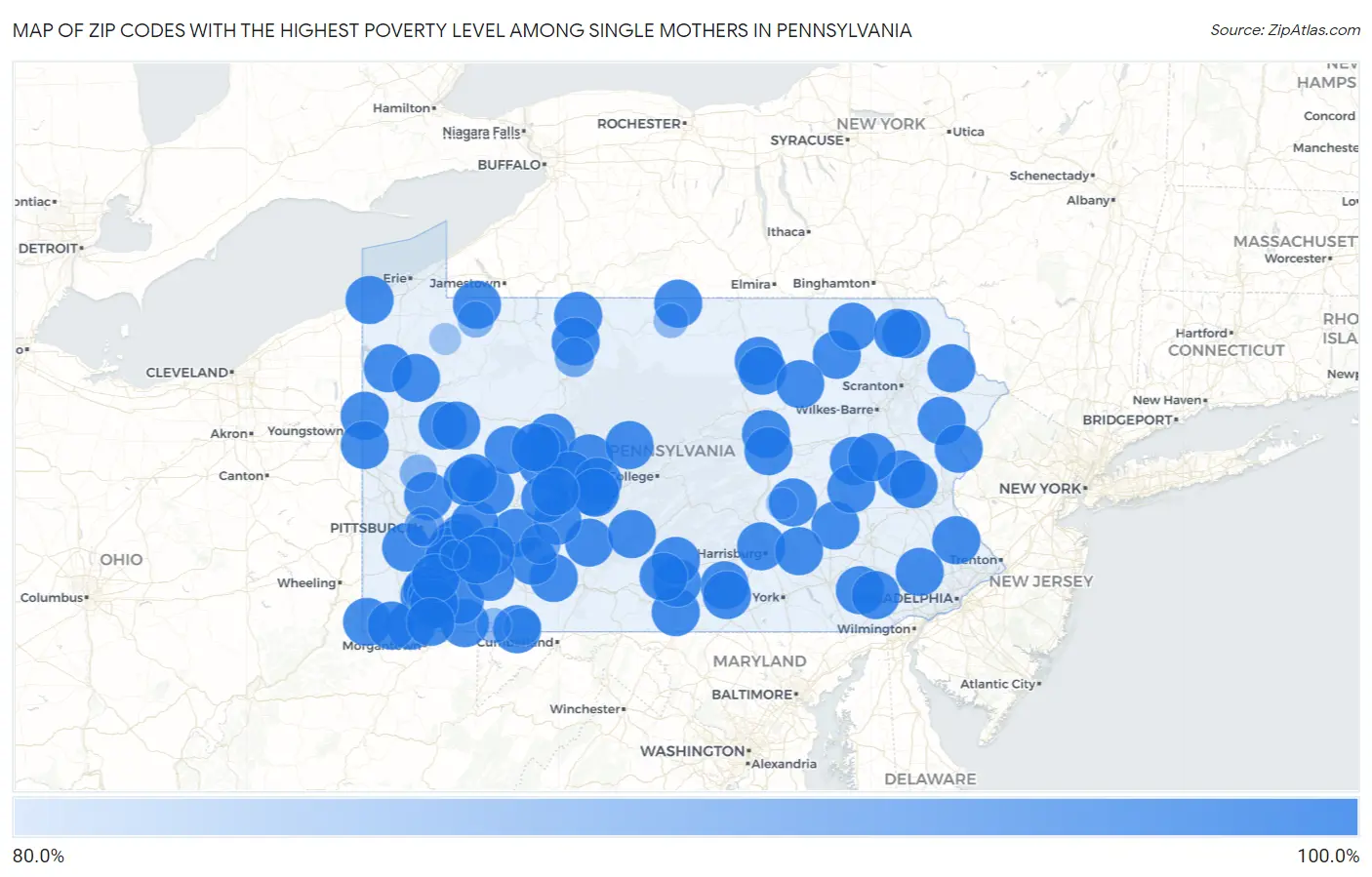 Zip Codes with the Highest Poverty Level Among Single Mothers in Pennsylvania Map
