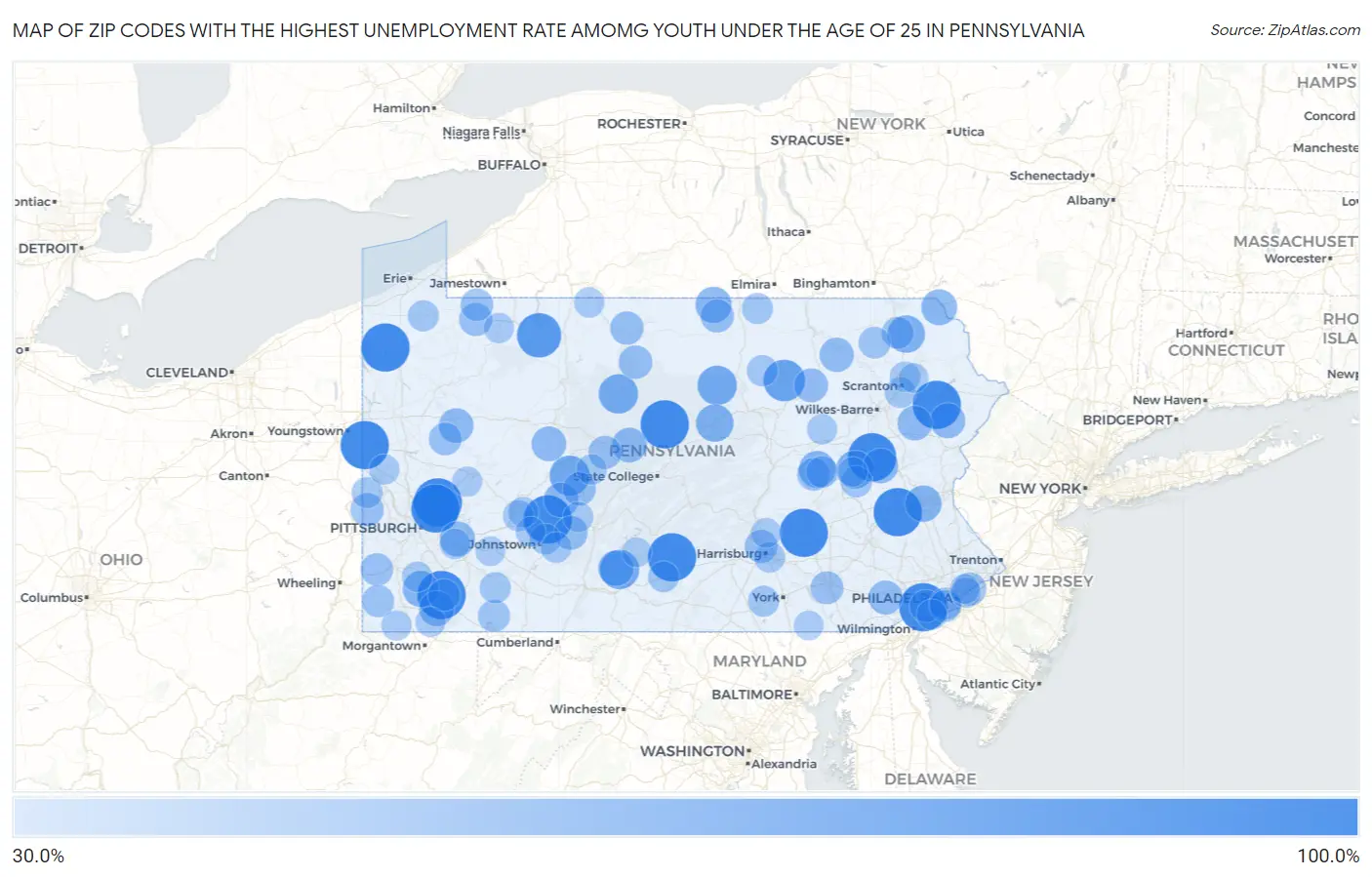 Zip Codes with the Highest Unemployment Rate Amomg Youth Under the Age of 25 in Pennsylvania Map