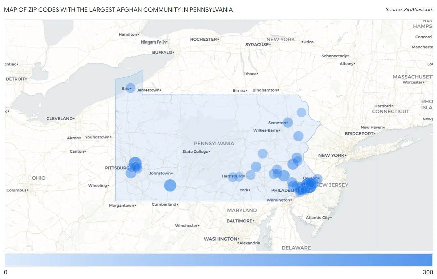 Zip Codes with the Largest Afghan Community in Pennsylvania Map