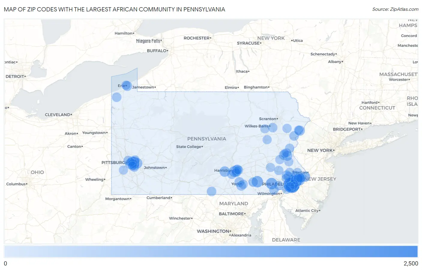 Zip Codes with the Largest African Community in Pennsylvania Map
