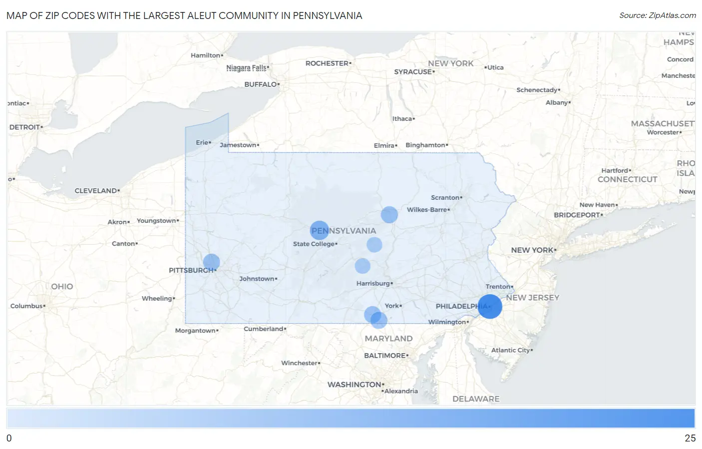 Zip Codes with the Largest Aleut Community in Pennsylvania Map