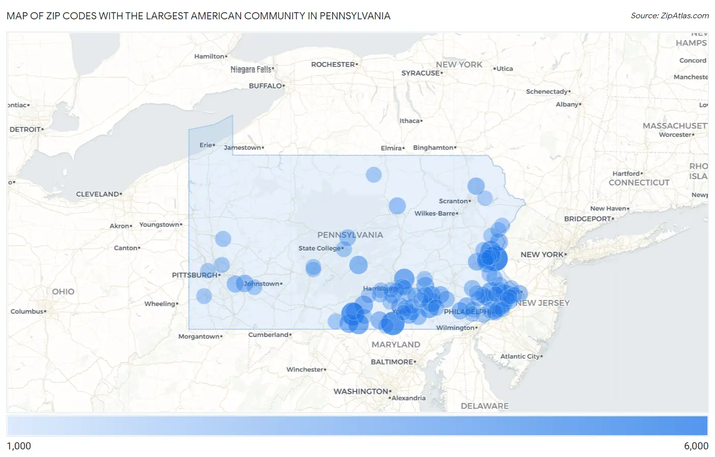 Zip Codes with the Largest American Community in Pennsylvania Map