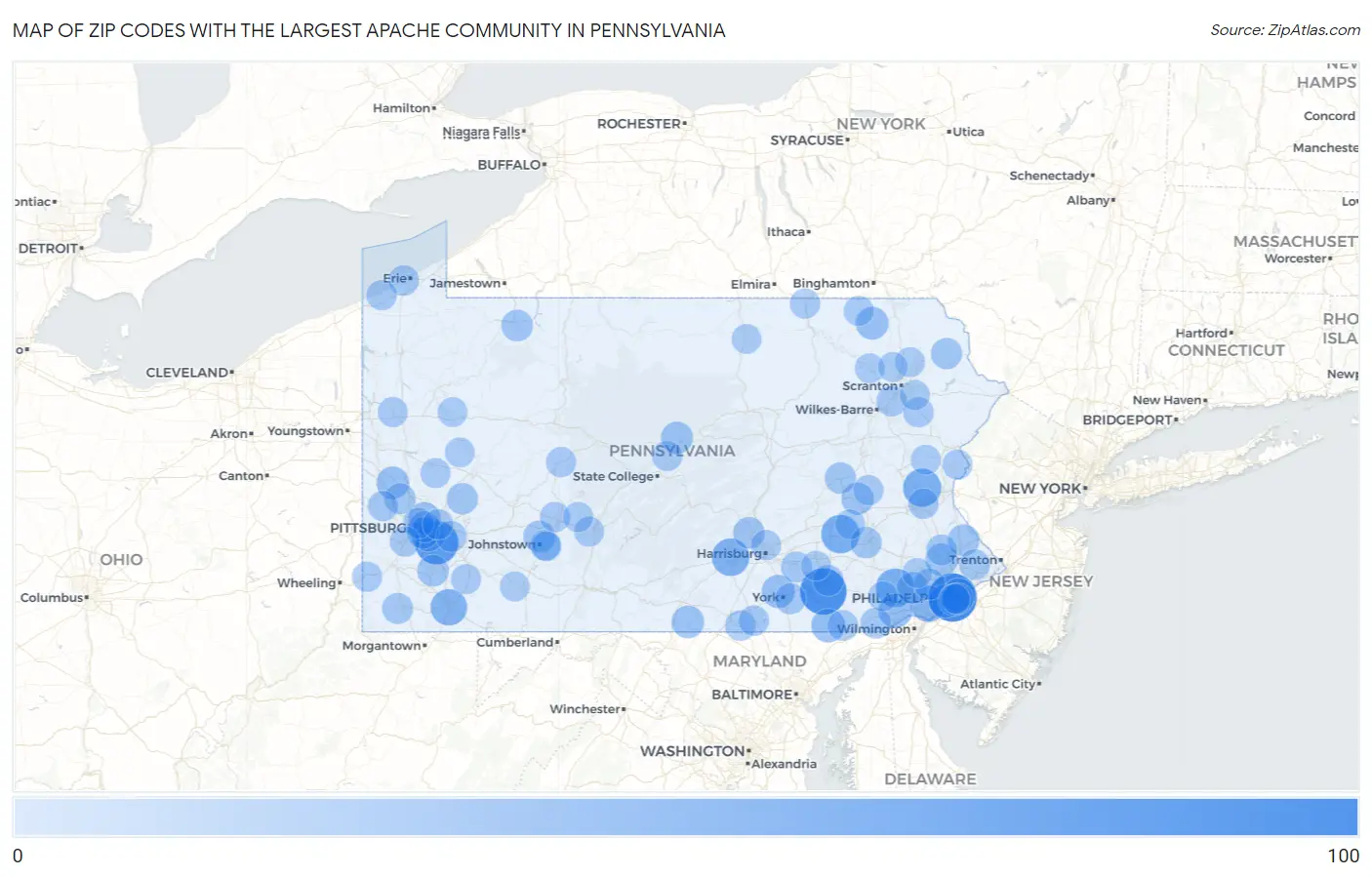 Zip Codes with the Largest Apache Community in Pennsylvania Map
