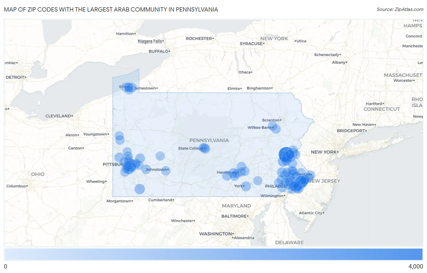 Zip Codes with the Largest Arab Community in Pennsylvania Map