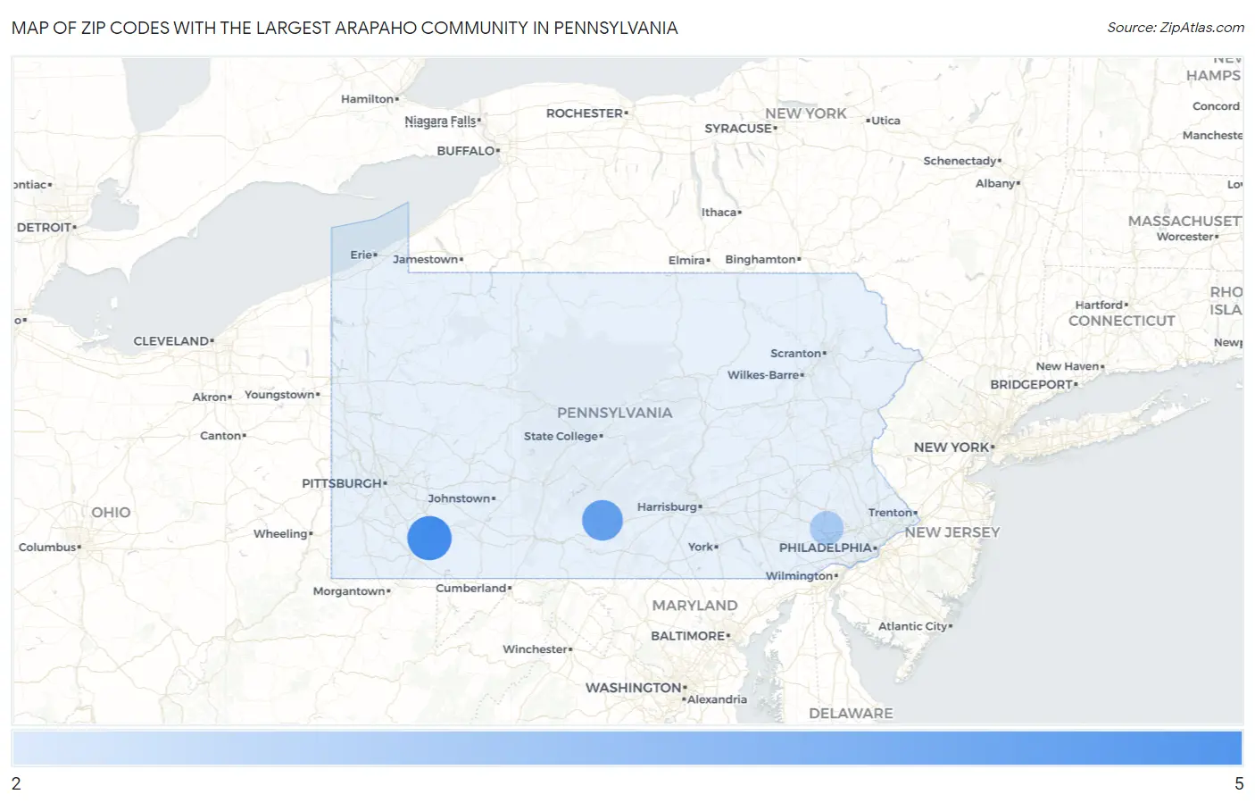 Zip Codes with the Largest Arapaho Community in Pennsylvania Map