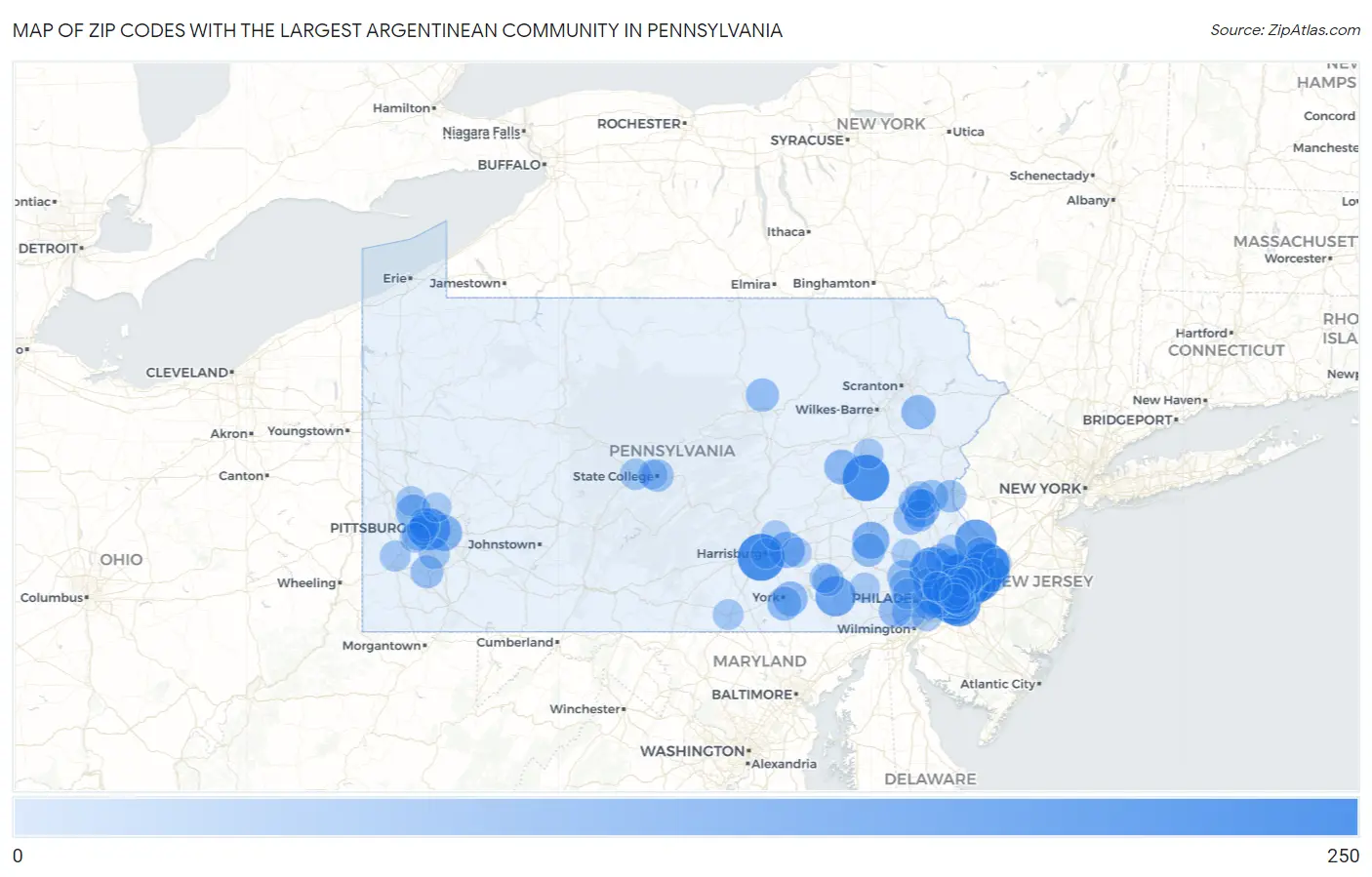 Zip Codes with the Largest Argentinean Community in Pennsylvania Map