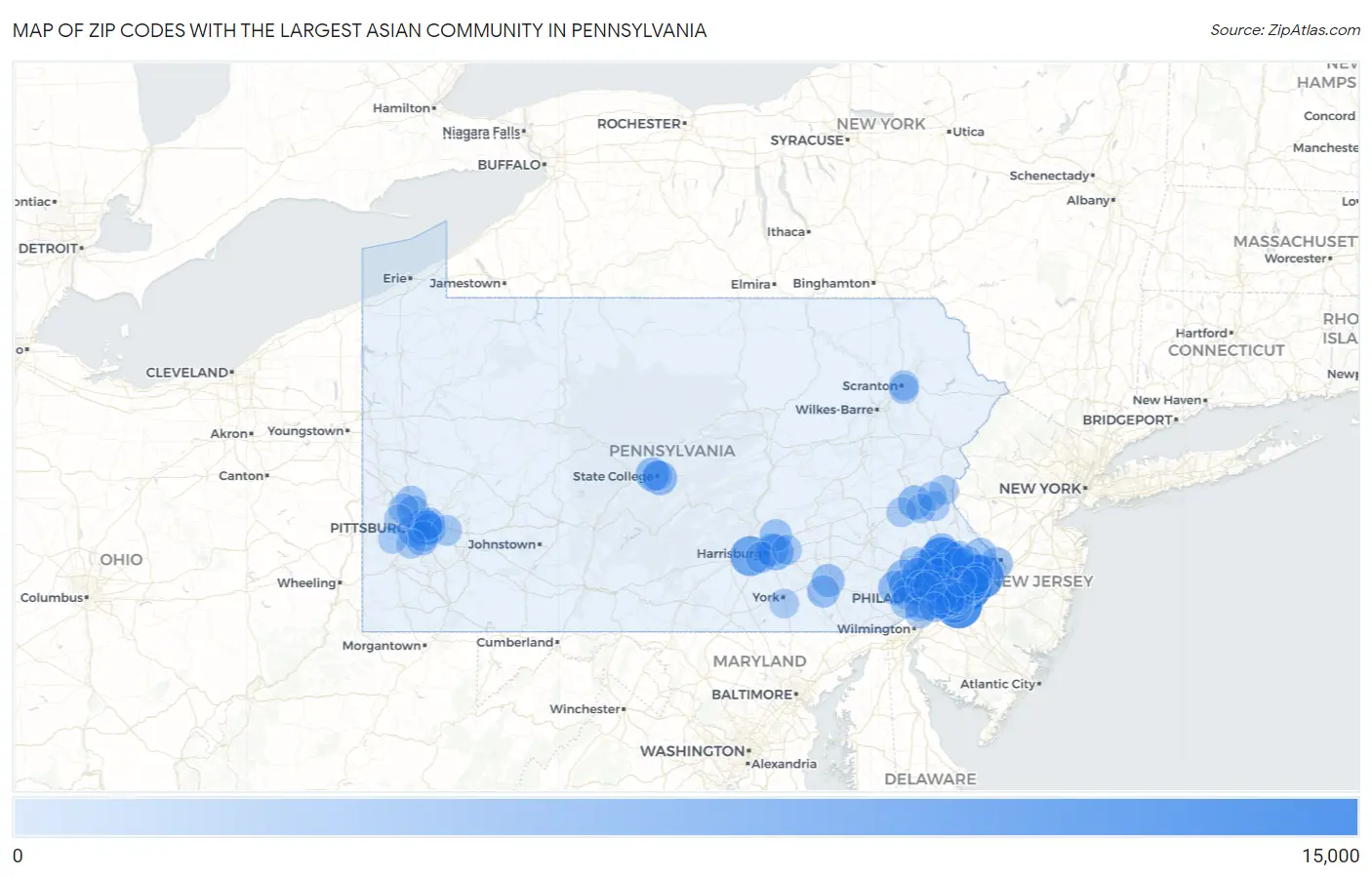 Zip Codes with the Largest Asian Community in Pennsylvania Map