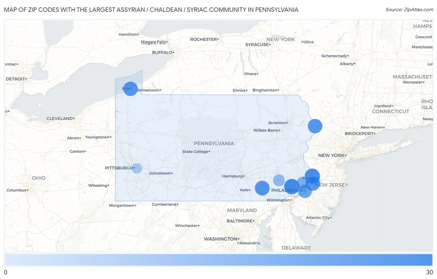 Zip Codes with the Largest Assyrian / Chaldean / Syriac Community in Pennsylvania Map