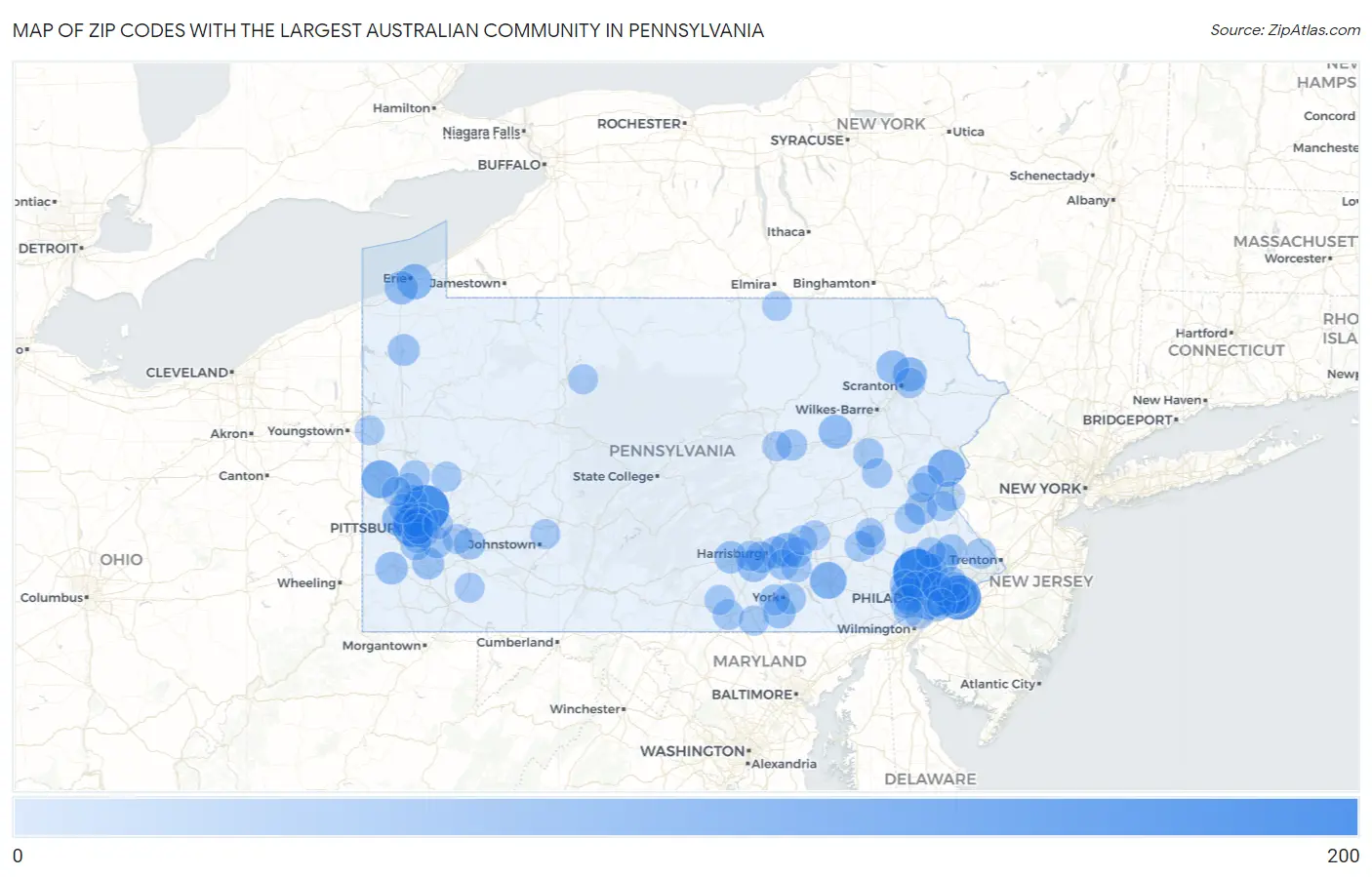 Zip Codes with the Largest Australian Community in Pennsylvania Map