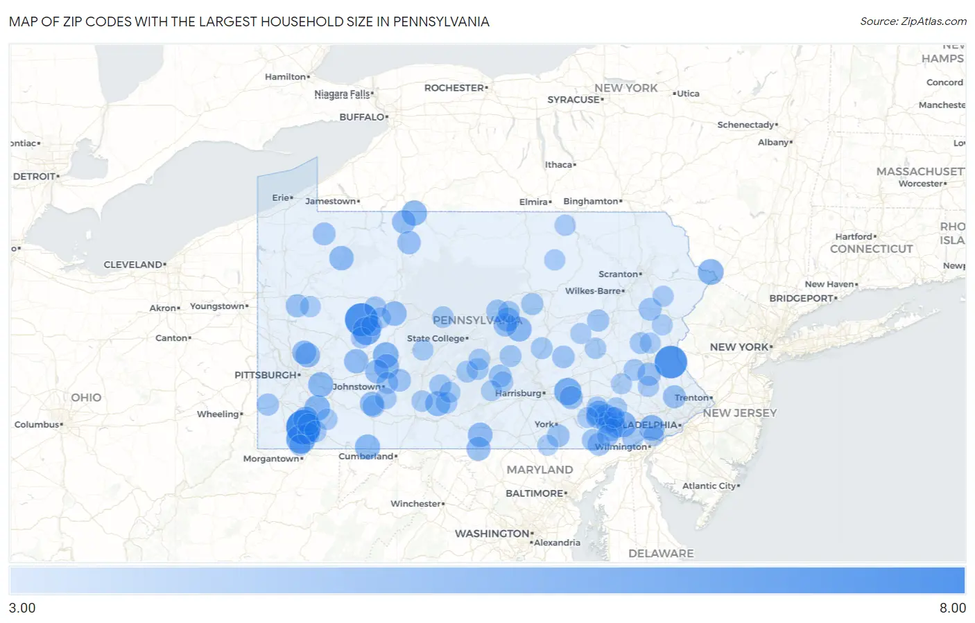 Zip Codes with the Largest Household Size in Pennsylvania Map
