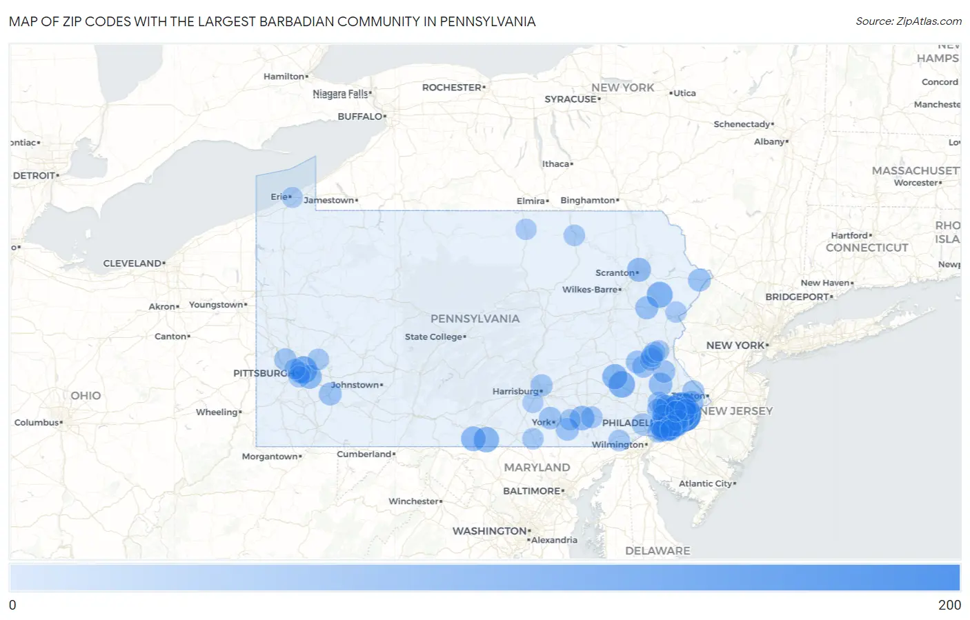 Zip Codes with the Largest Barbadian Community in Pennsylvania Map