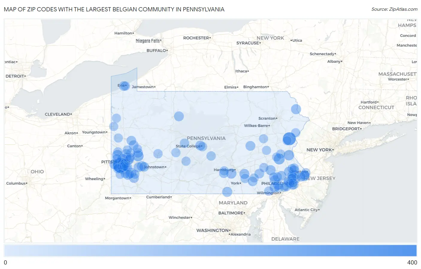 Zip Codes with the Largest Belgian Community in Pennsylvania Map