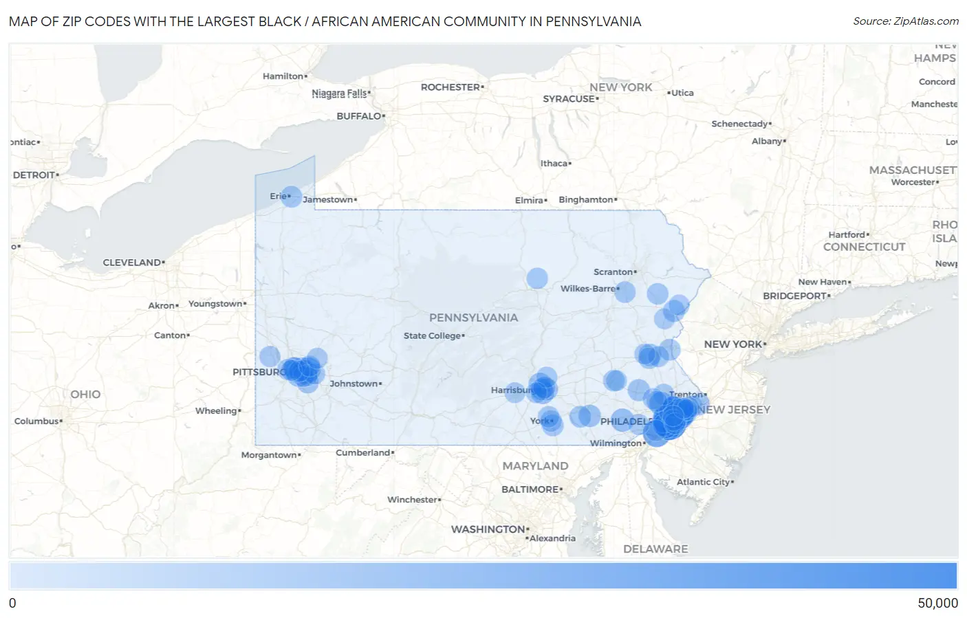 Zip Codes with the Largest Black / African American Community in Pennsylvania Map