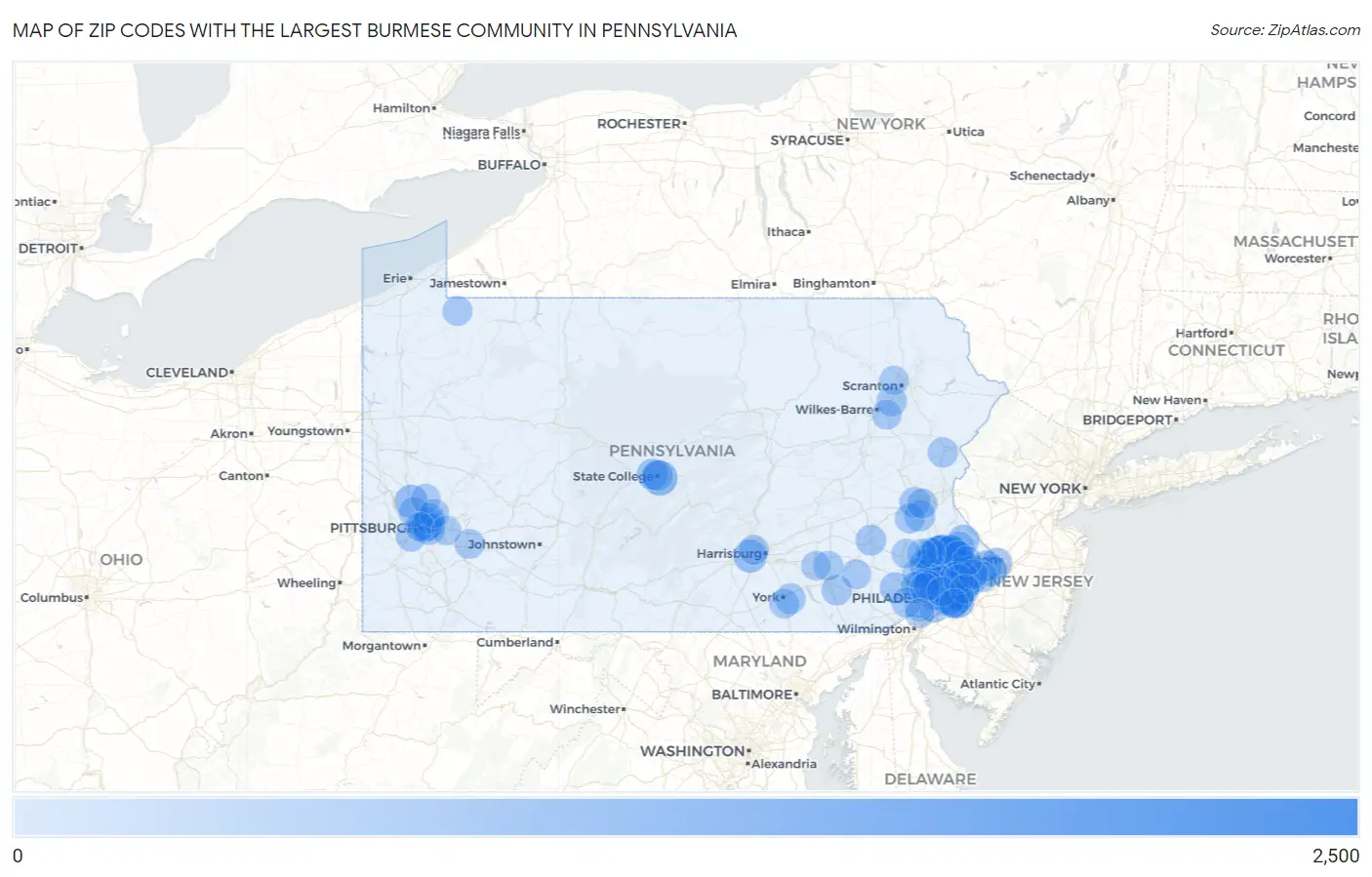 Zip Codes with the Largest Burmese Community in Pennsylvania Map