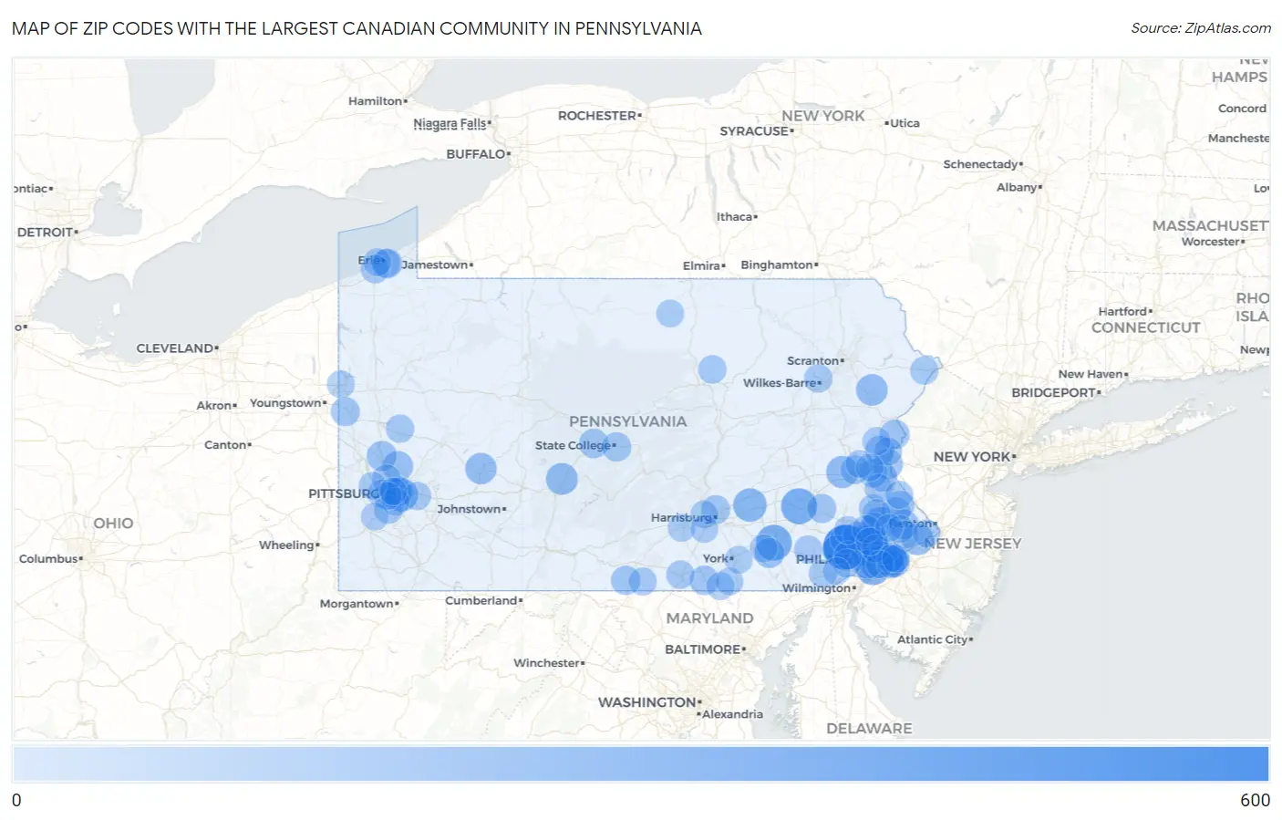 Zip Codes with the Largest Canadian Community in Pennsylvania Map