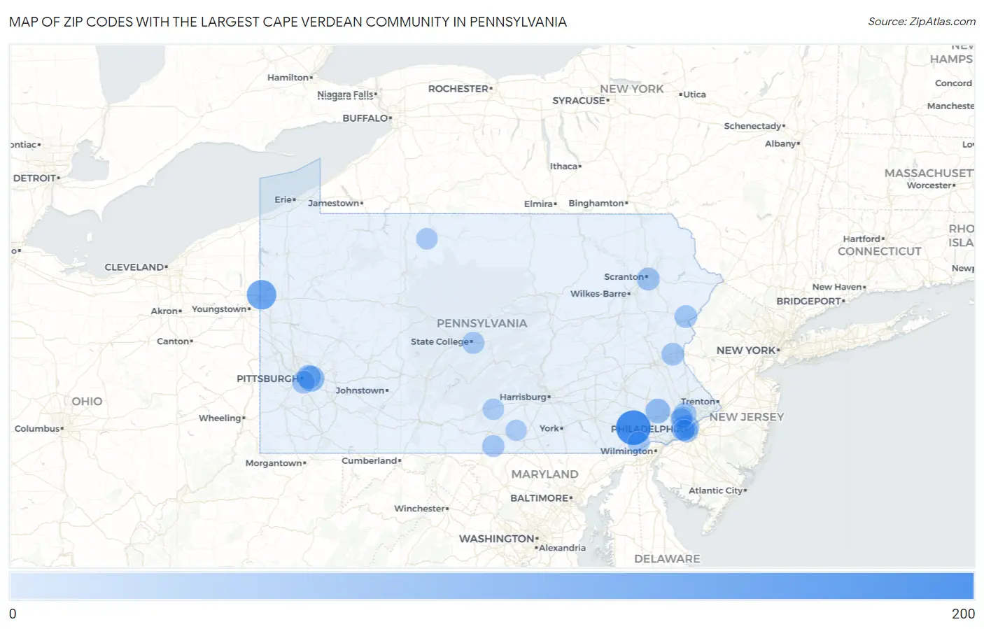 Zip Codes with the Largest Cape Verdean Community in Pennsylvania Map