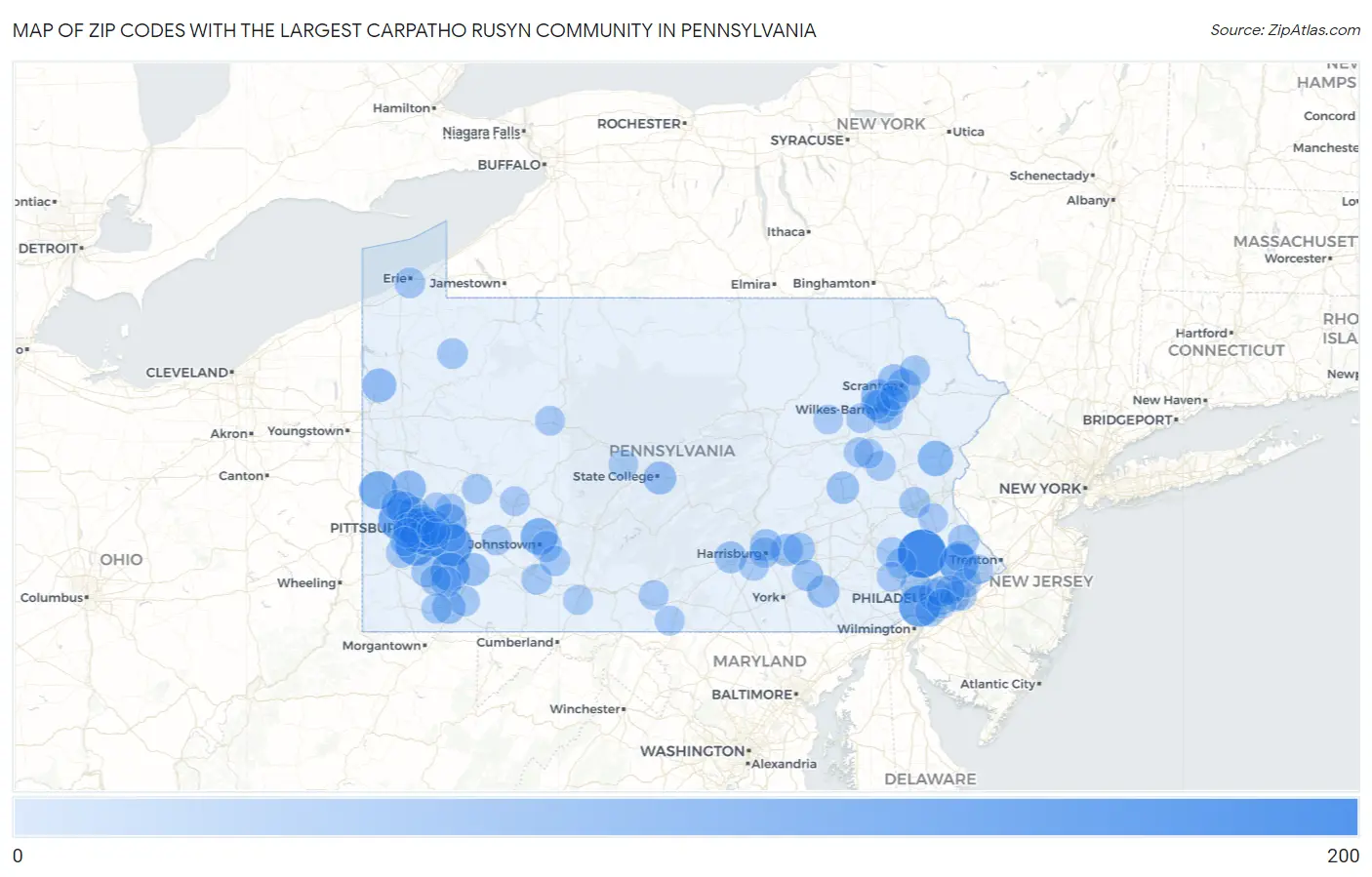 Zip Codes with the Largest Carpatho Rusyn Community in Pennsylvania Map