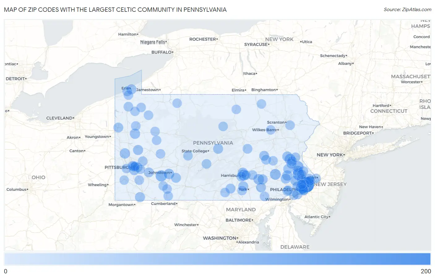 Zip Codes with the Largest Celtic Community in Pennsylvania Map