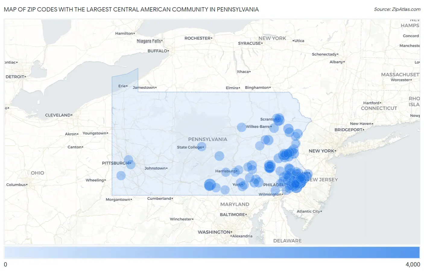 Zip Codes with the Largest Central American Community in Pennsylvania Map