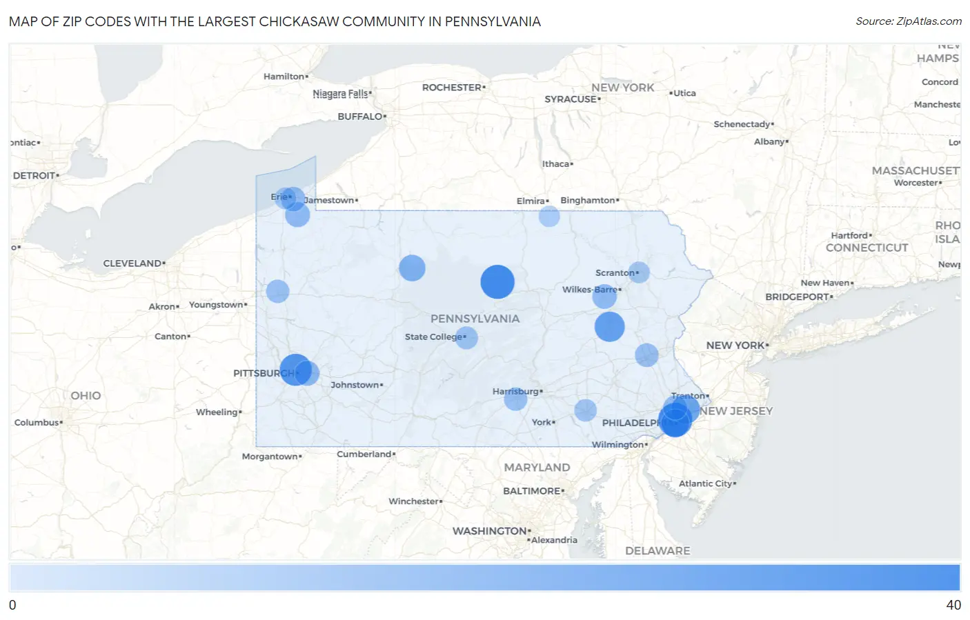 Zip Codes with the Largest Chickasaw Community in Pennsylvania Map