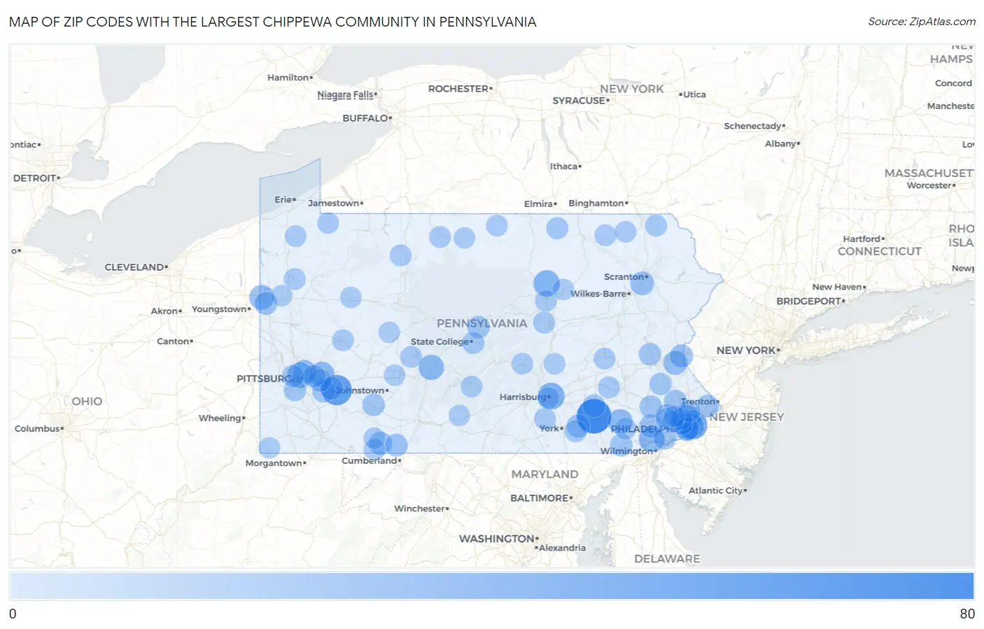 Zip Codes with the Largest Chippewa Community in Pennsylvania Map
