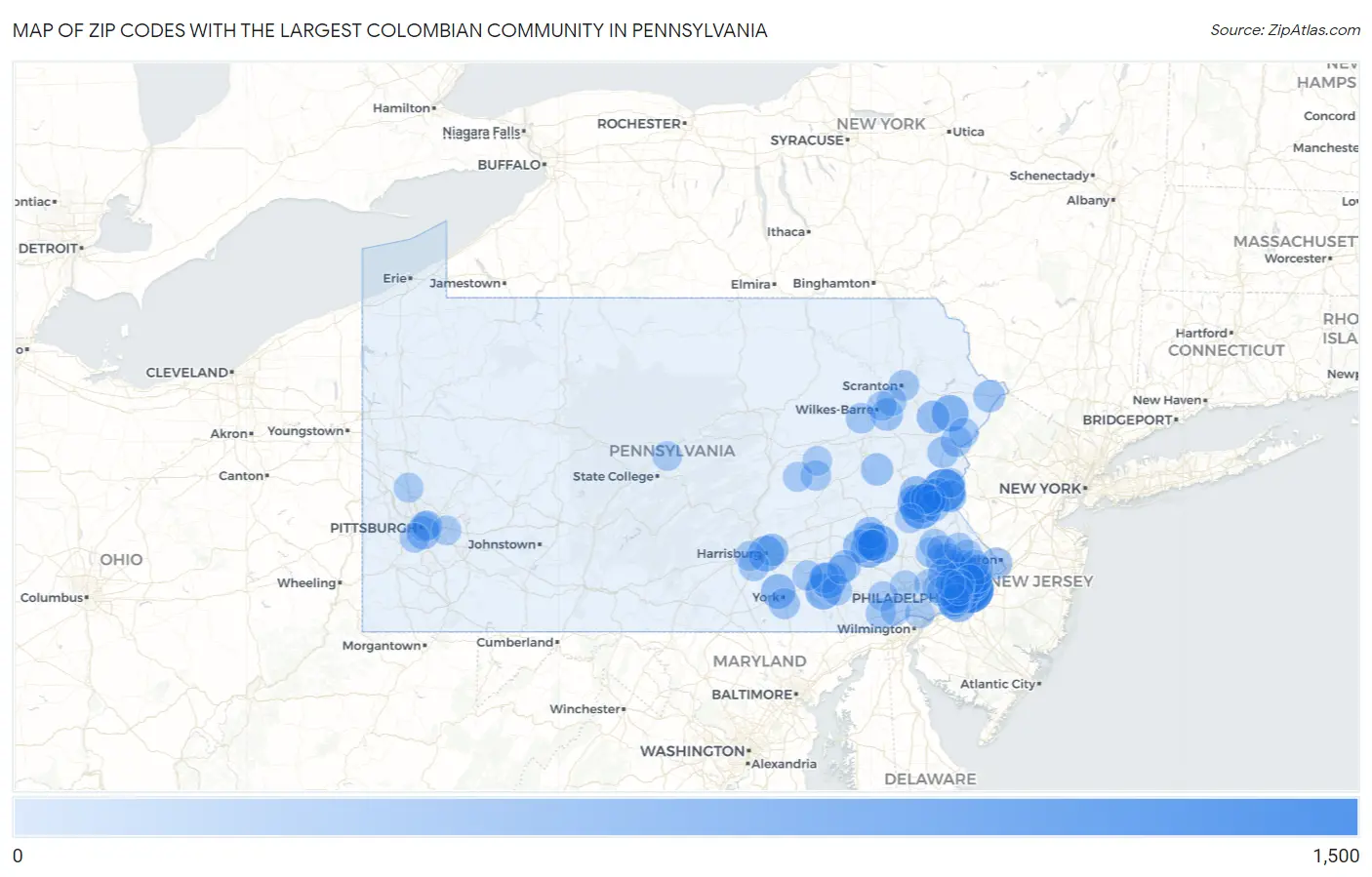 Zip Codes with the Largest Colombian Community in Pennsylvania Map