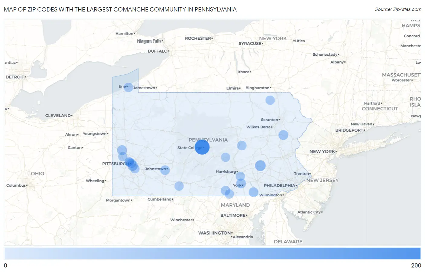 Zip Codes with the Largest Comanche Community in Pennsylvania Map