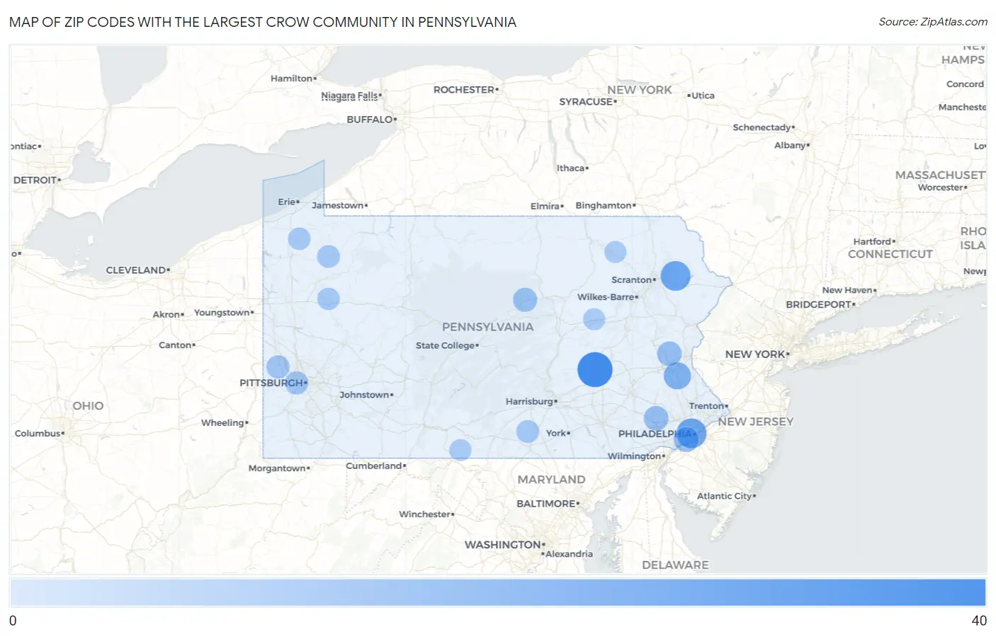 Zip Codes with the Largest Crow Community in Pennsylvania Map