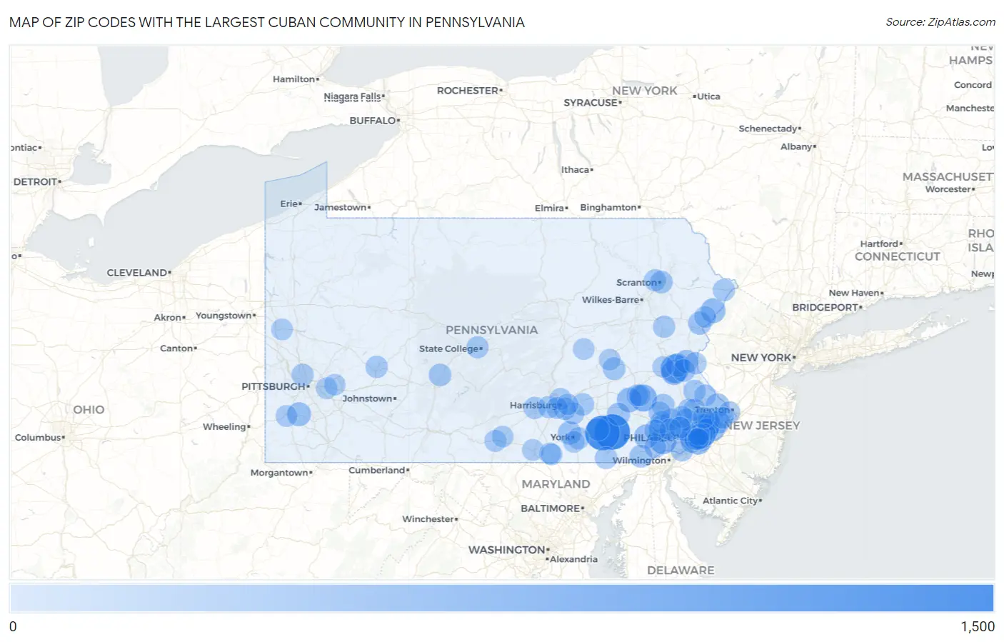 Zip Codes with the Largest Cuban Community in Pennsylvania Map