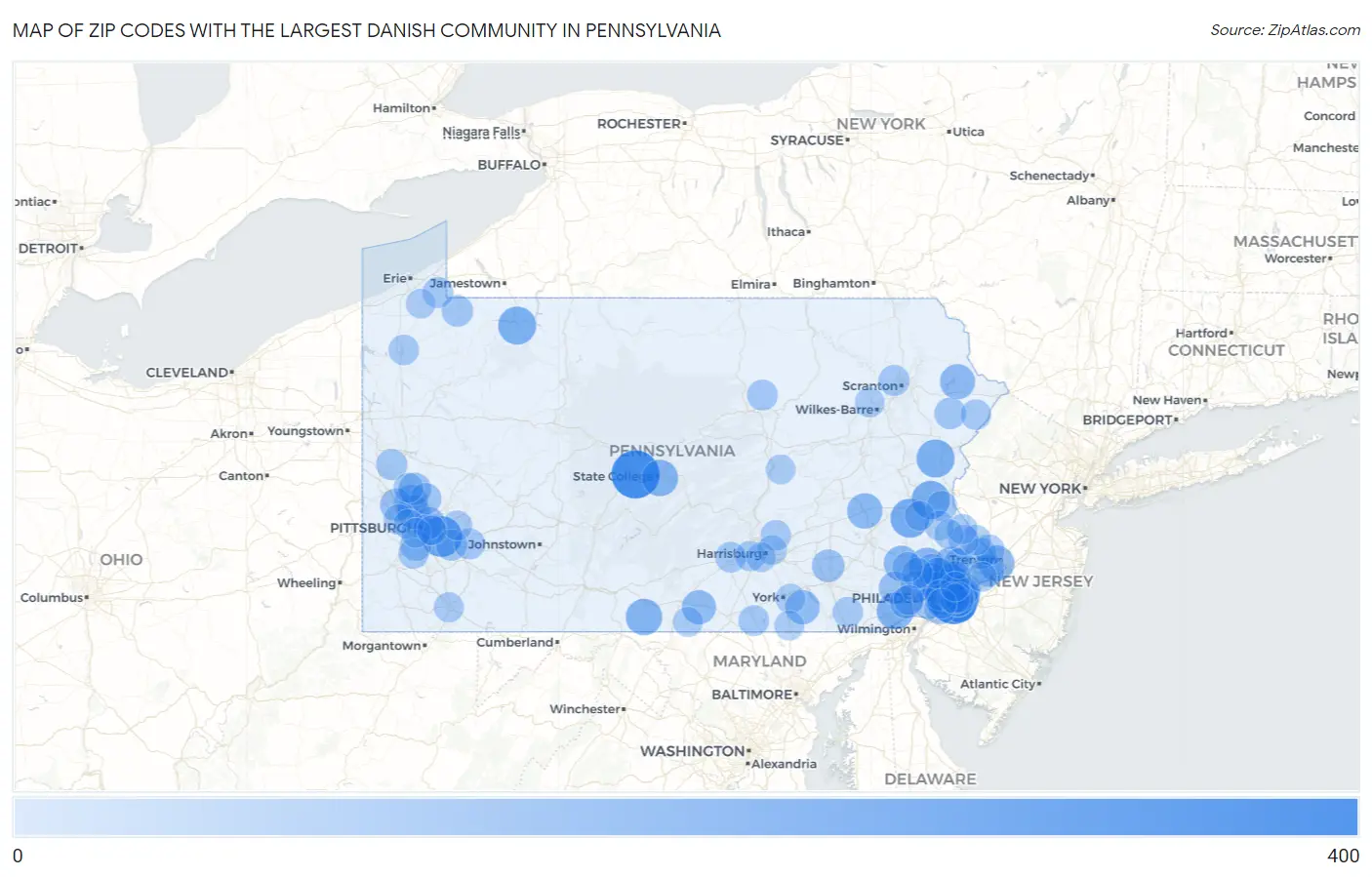 Zip Codes with the Largest Danish Community in Pennsylvania Map
