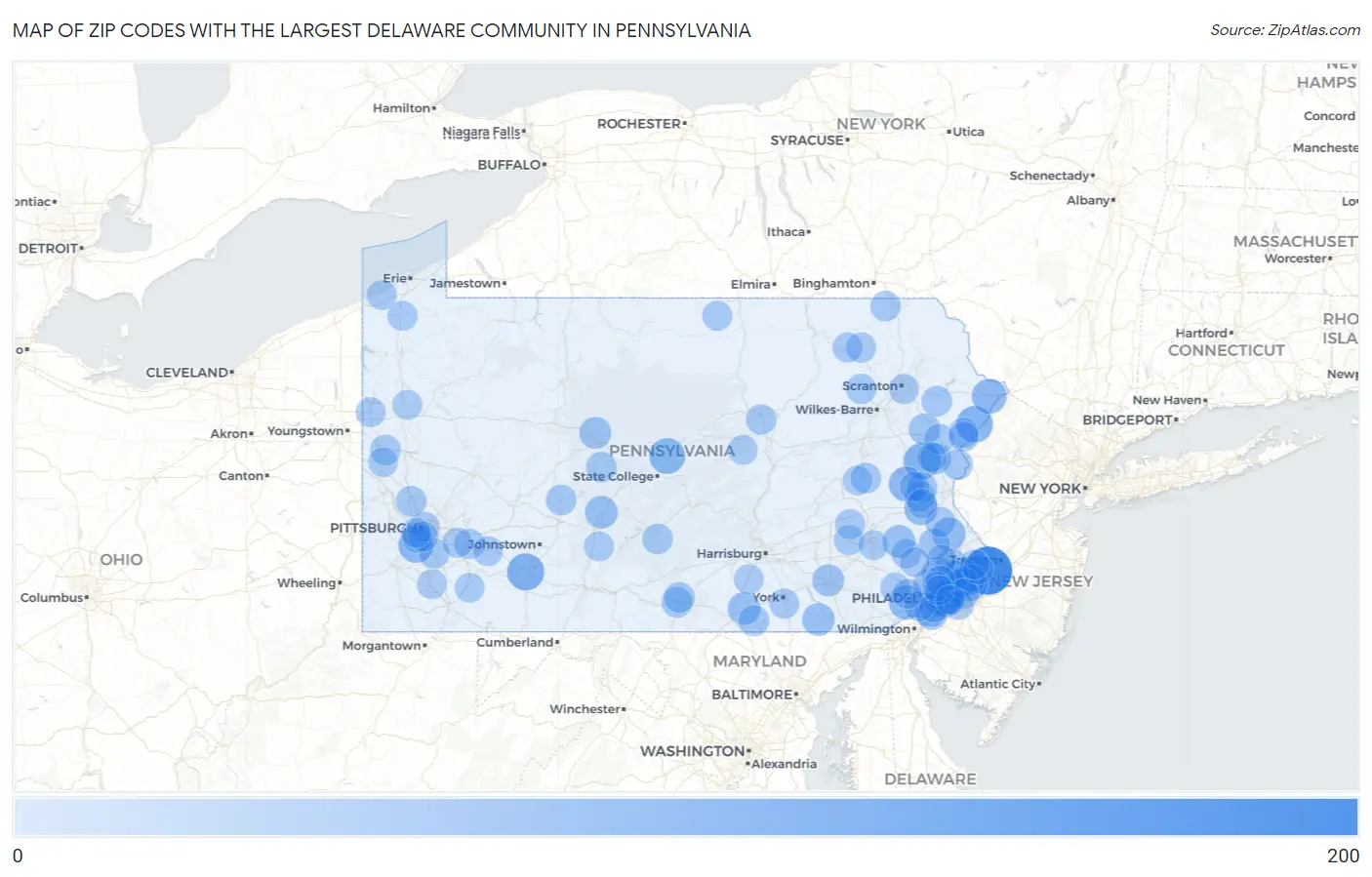 Zip Codes with the Largest Delaware Community in Pennsylvania Map