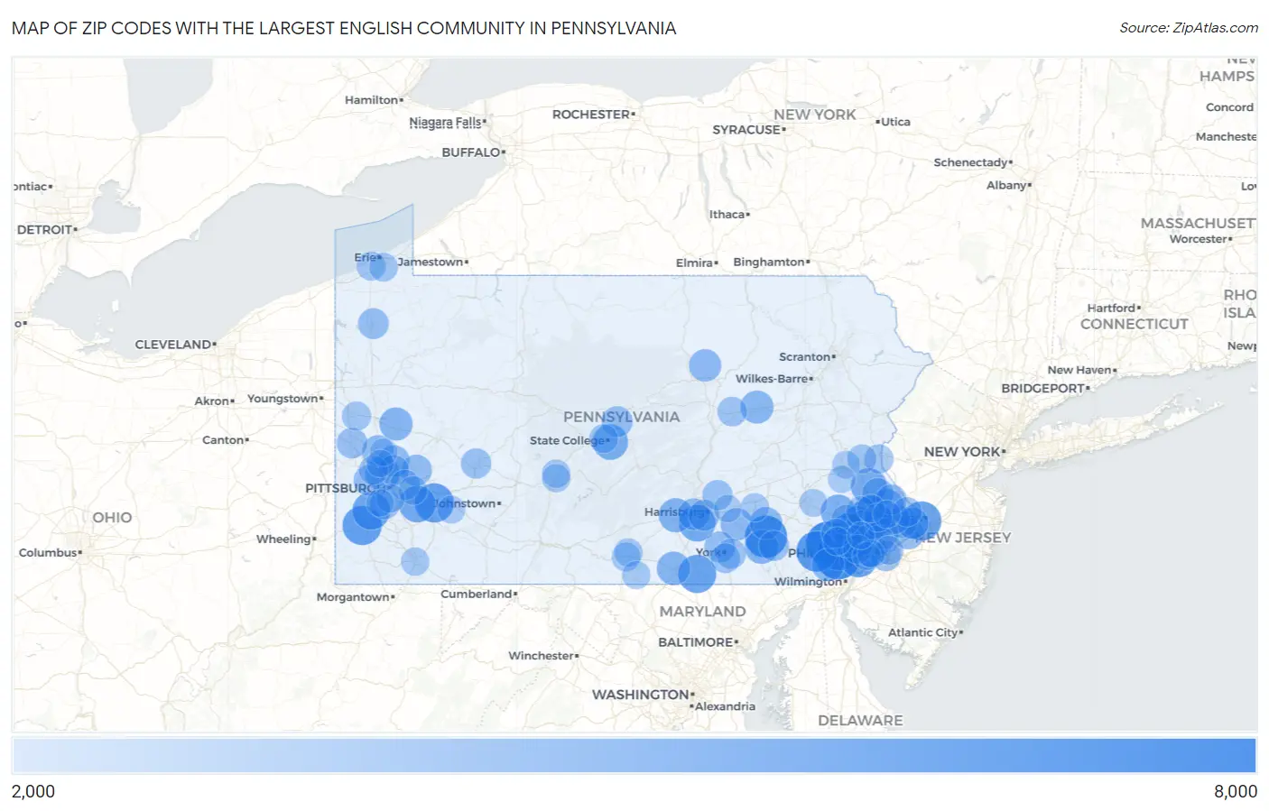 Zip Codes with the Largest English Community in Pennsylvania Map