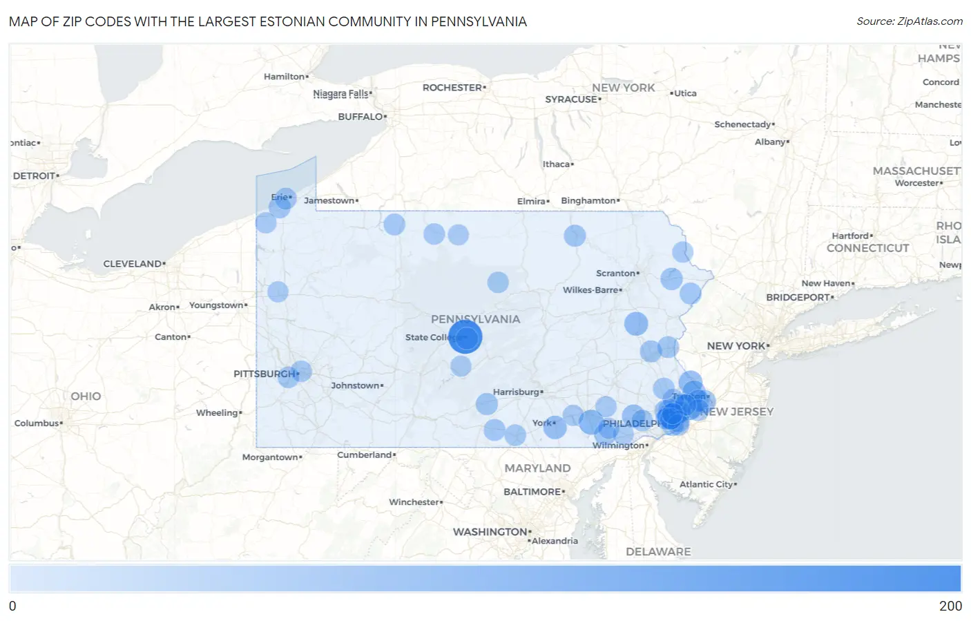 Zip Codes with the Largest Estonian Community in Pennsylvania Map