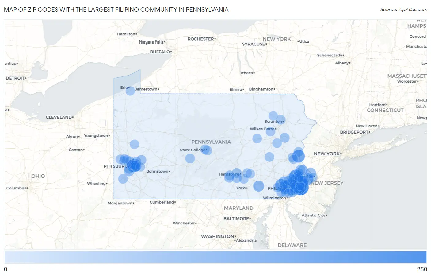 Zip Codes with the Largest Filipino Community in Pennsylvania Map