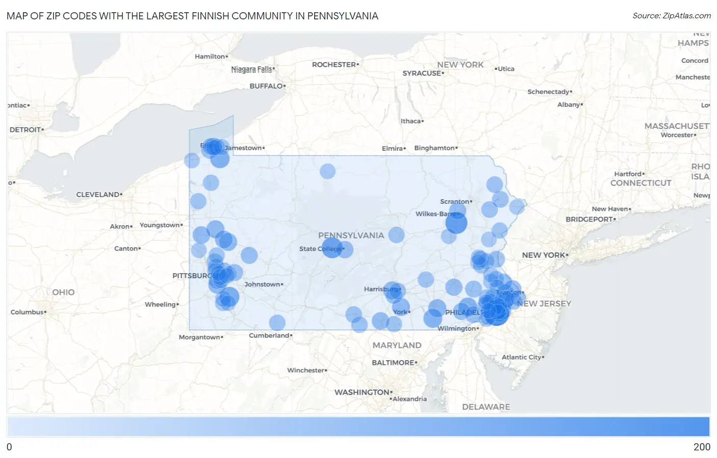 Zip Codes with the Largest Finnish Community in Pennsylvania Map