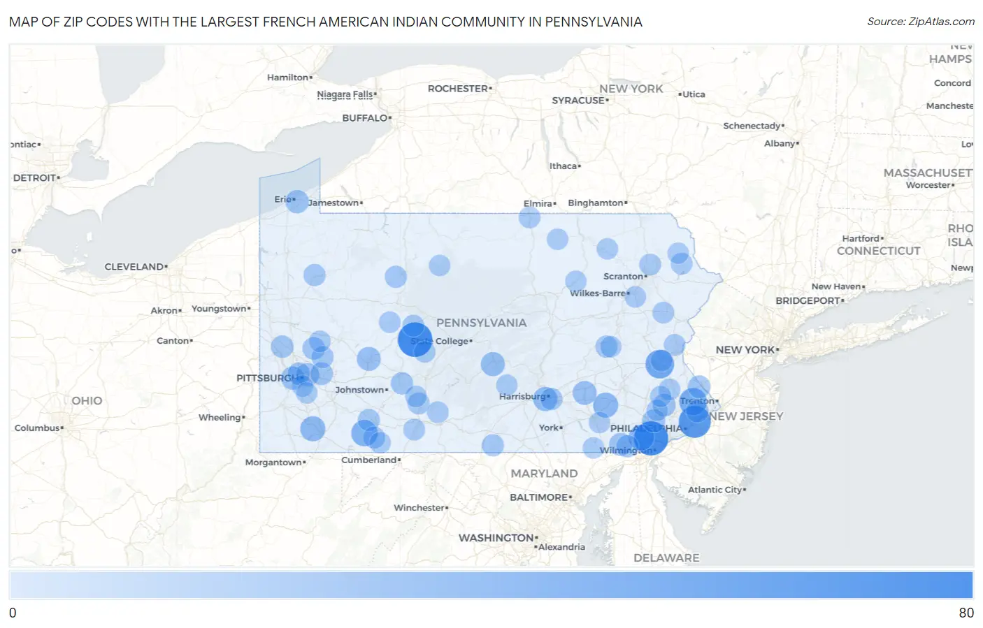 Zip Codes with the Largest French American Indian Community in Pennsylvania Map