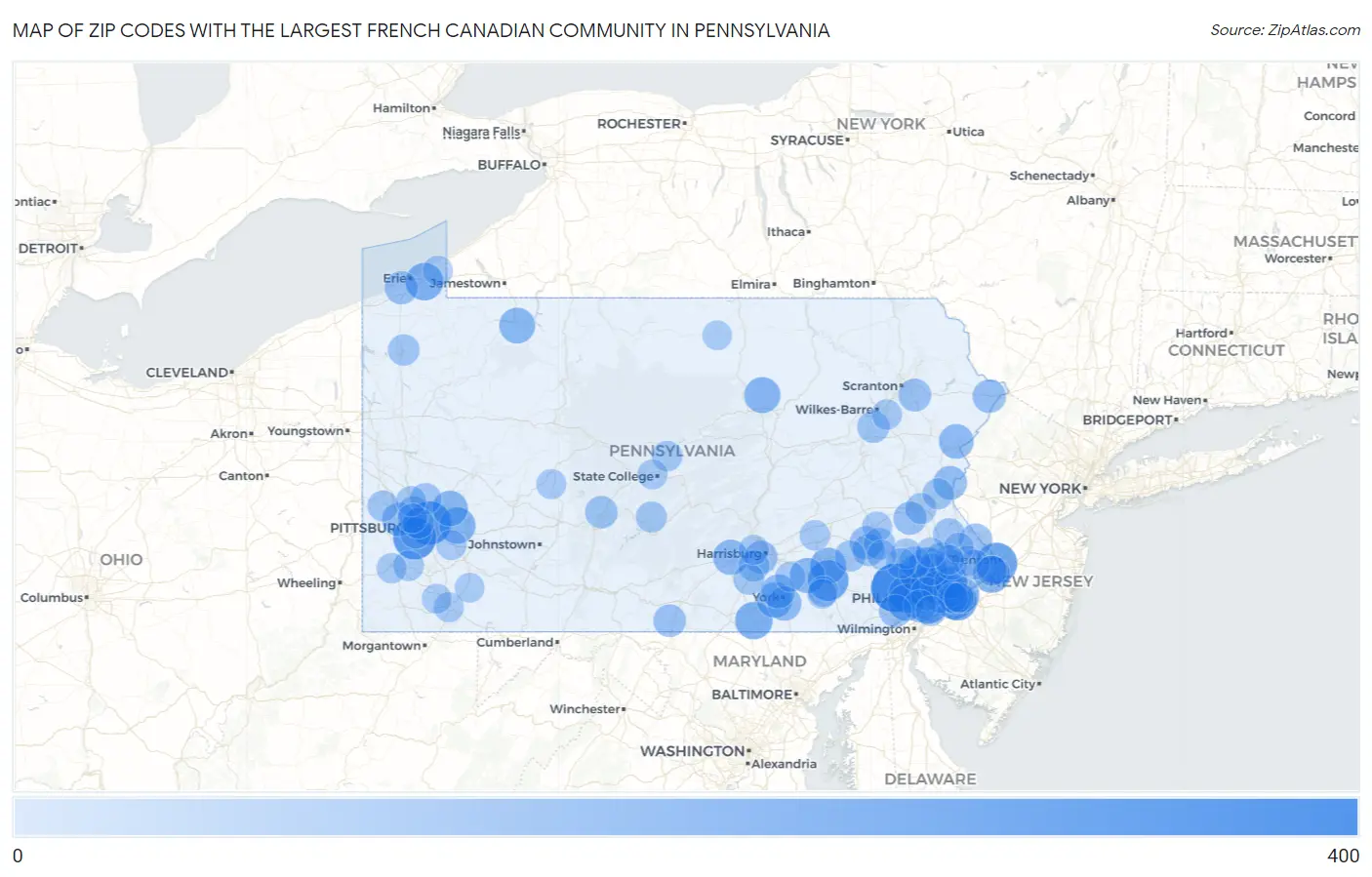 Zip Codes with the Largest French Canadian Community in Pennsylvania Map