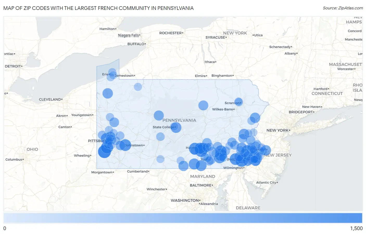 Zip Codes with the Largest French Community in Pennsylvania Map