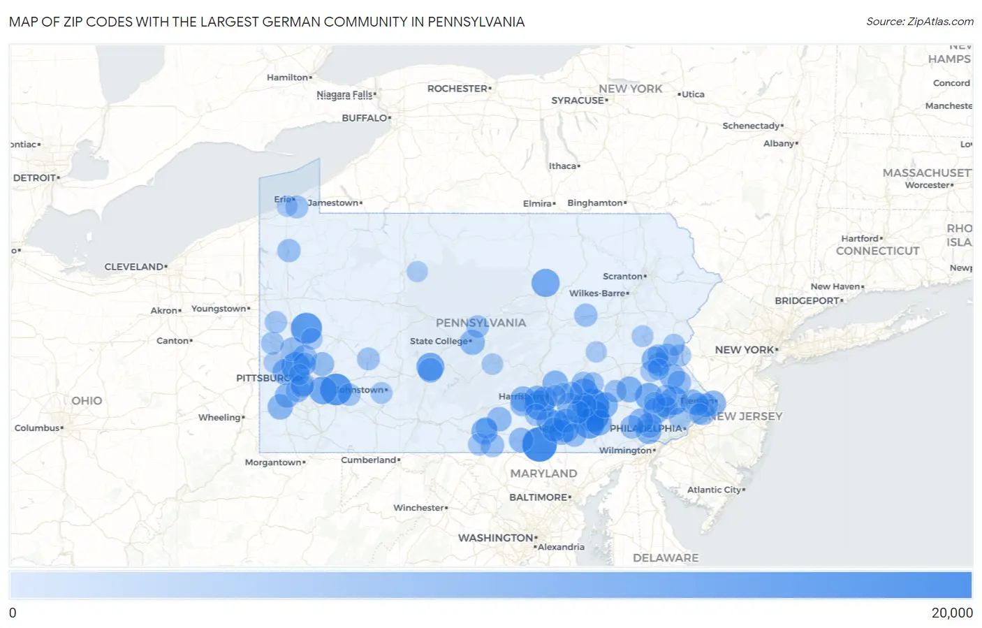Zip Codes with the Largest German Community in Pennsylvania Map